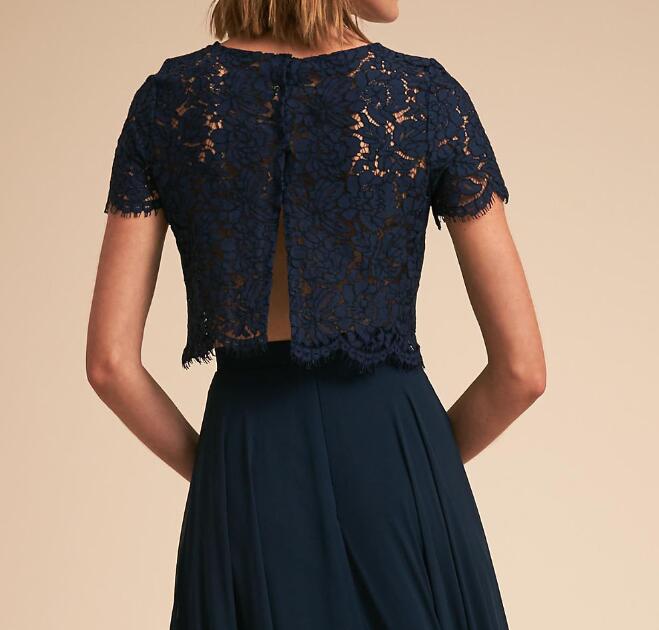 Dark Navy 2 Pieces Bridesmaid Dress Floral Lace Top and Chiffon Skirts Accept Custom made Wedding Party Dresses
