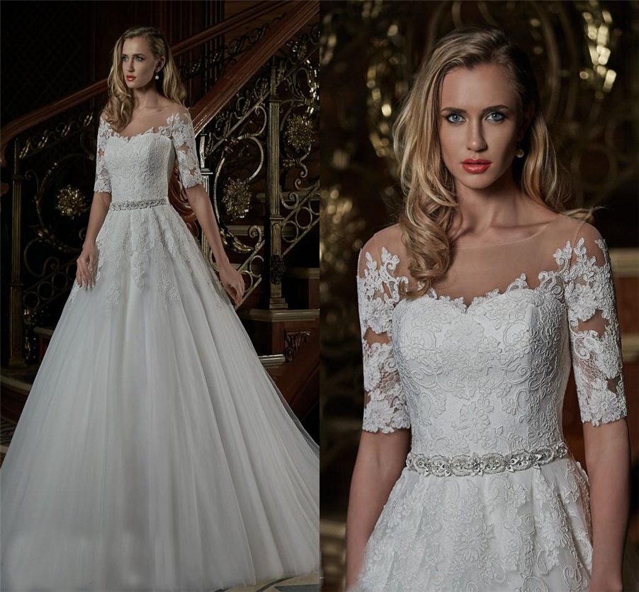 Crew Neck Half Sleeves Lace Appliques Beaded Belt Bridal Gowns with See Through Back New Vestios De Novia A-line Wedding Dresses, White
Crew Neck Half Sleeves Lace Appliques Beaded Belt Bridal Gowns with See Through Back New Vestios De Novia A-line Wedding Dresses, White