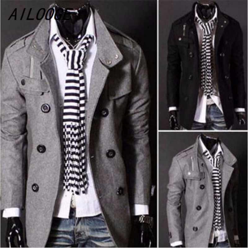 Wholesale- AILOOGE 2016 New Fashion Men Woolen Coat Winter Jacket Trench Coat Outerwear Overcoat Double Breasted Peacoat Male Windbreaker, Black