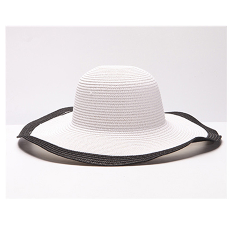 Womens Fashion Straw Sunhat Black & White Folding Floppy Derby Hat Wide Large Brim Travel Beach Cap