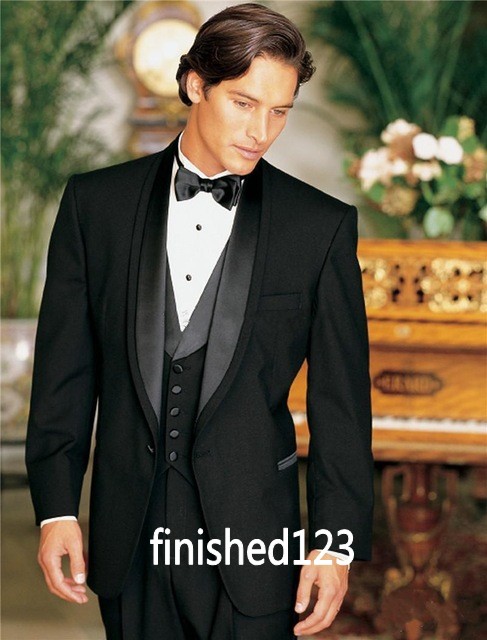 Super Handsome Black Groom Tuxedos Groomsmen One Button Shawl Lapel Best Man Suit Wedding Men's Blazer Suits (Jacket+Pants+Vest+Tie) K298