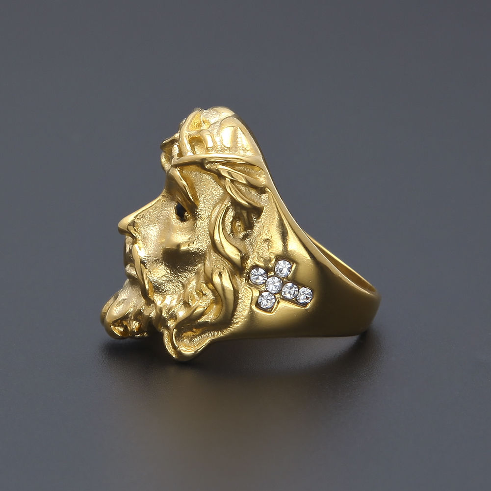 Men Hip Hop Ring Color Retaining Jesus Cross CZ Jesus Head Ring Gold Plated stainless steel Simulate Dimond Iced out Rings