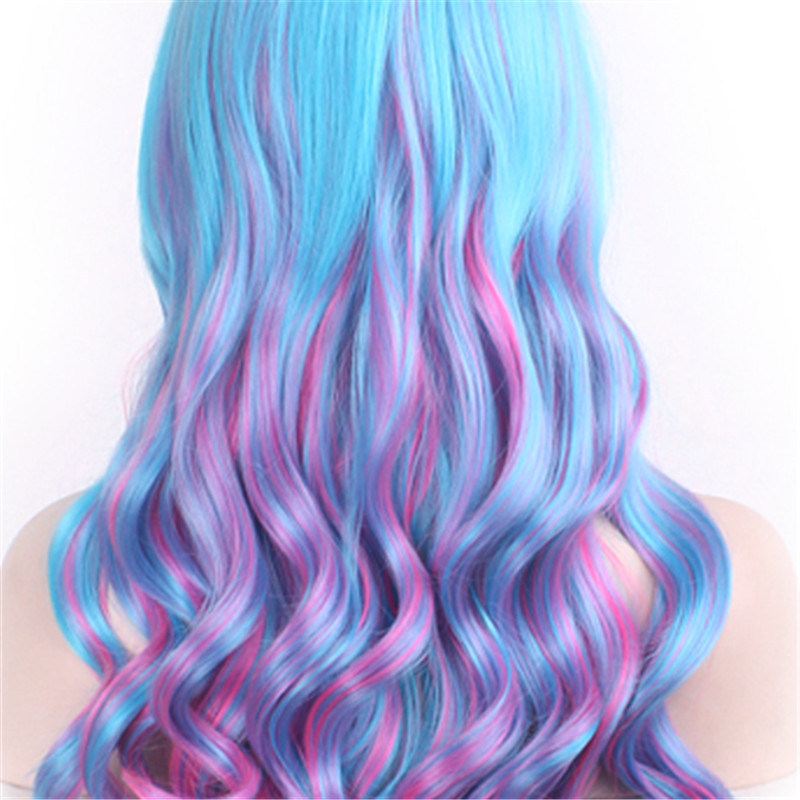 WoodFestival long curly wig ombre synthetic fiber hair wigs blue pink mix color lolita wig cosplay women bangs 80cm