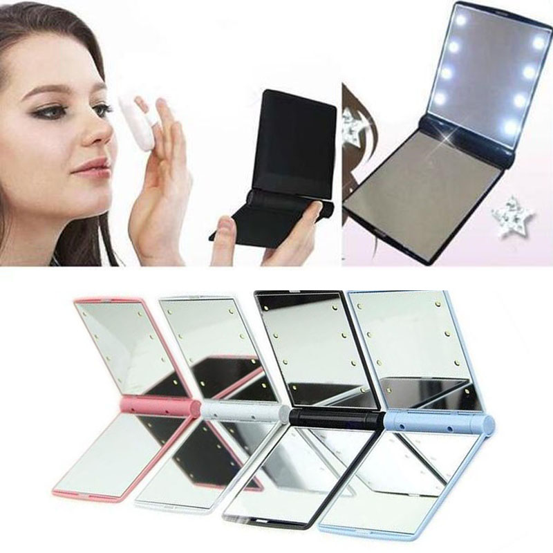 Lady Makeup Cosmetic Folding Portable Mini Compact Pocket Mirror 8 LED Lights Lamps Mirrors Hot Selling Gifts ZA2070