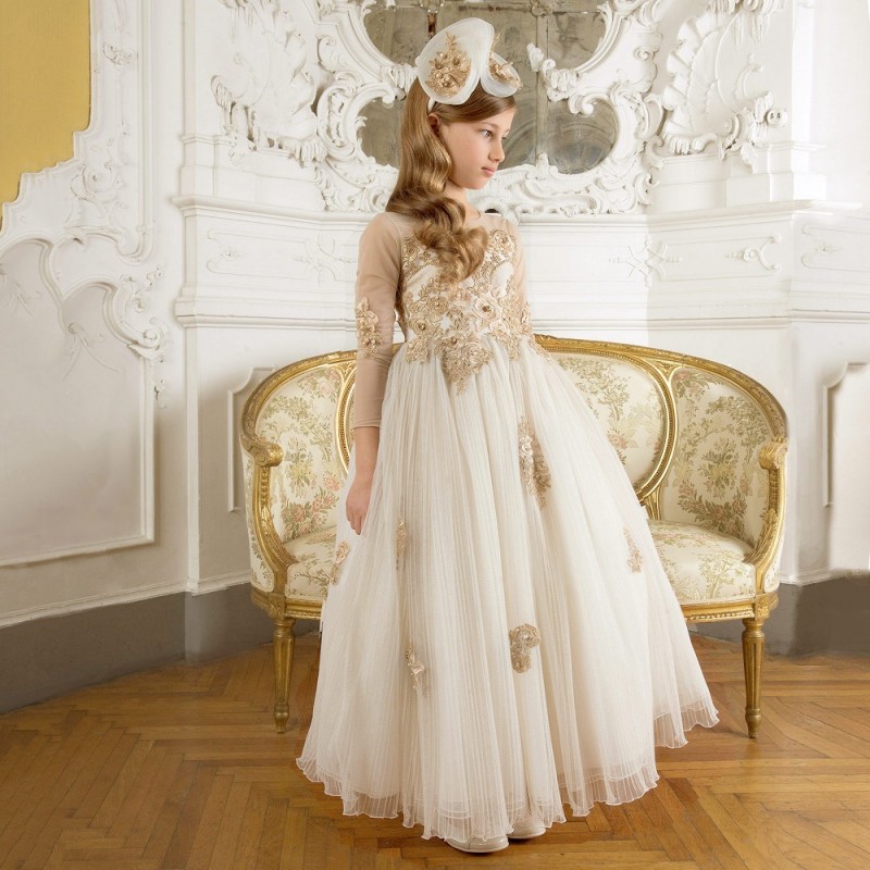 Sweet Jewel Neck Flower Girl Dresses Special Occasion For Weddings Floor Length 3/4 Long Sleeve Kids Pageant Gowns Appliques Communion Dress