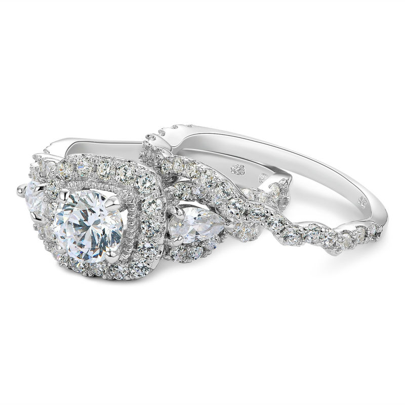 New Arrival Size 5-10 2pc 925 Sterling Silver Jewelry Halo Wedding Ring Sets For Women JR5249