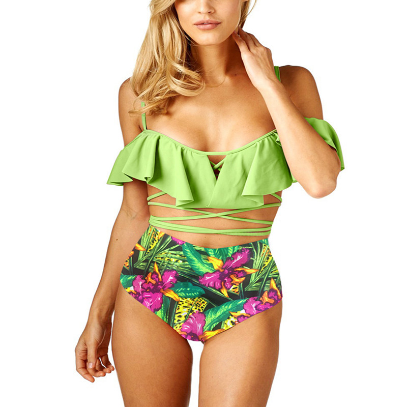 Women BeachWear Swimsuit Sexy Strappy Lace up Ruffle Bikini Top and Floral Bottoms Set Bathing Suits Swimwear Brazil Biquini