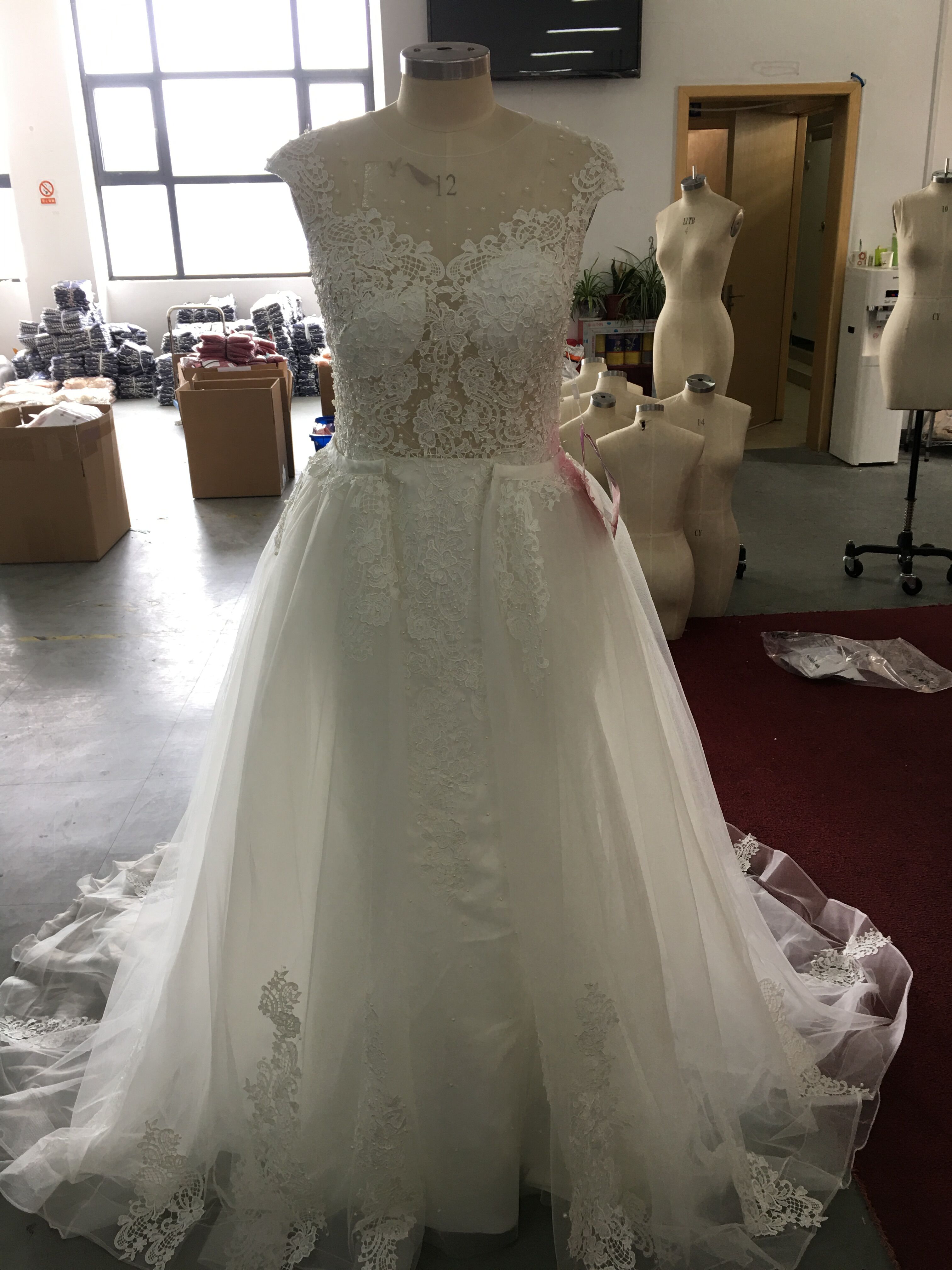 Crystal Design 2020 Bridal Capped Sleeve Jewel Neck Heavily Embroidered Bodice Detachable Skirt Sheath Wedding Dresses Low Back Long Train