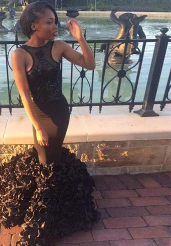Sexy Black Girl Mermaid Prom Dress South African Sheer Neck Backless Long Graduation Evening Party Gown Custom Made Plus Size