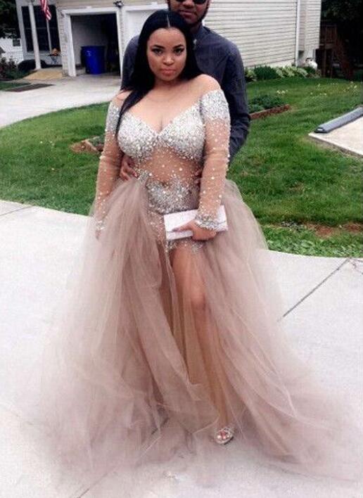 Plus Size Prom Dresses 2016 Sexy Sheer Off Shoulder V Neck Illusion Long Sleeve Crystal Beaded Tulle Evening Dress Custom Made EN7155