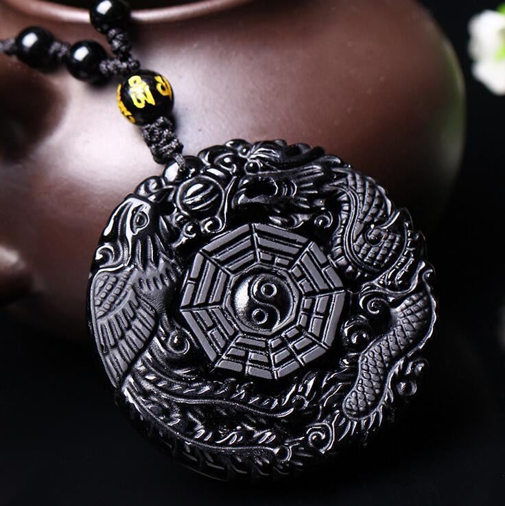 Volcanic Obsidian Phoenix Dragon Yin Yang Pendant Necklace PPUK Stock2772427
