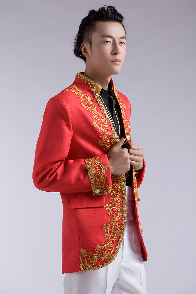 Wholesale-NEW Chinese wedding tuxedo gold embroidery applique men white for wedding men gold suits