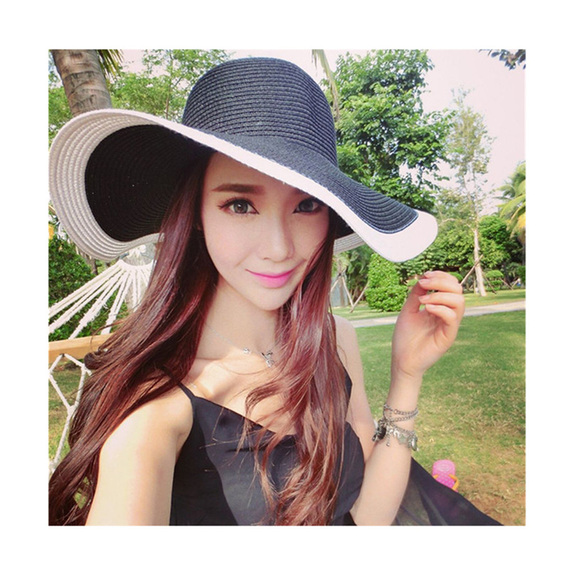 Womens Fashion Straw Sunhat Black & White Folding Floppy Derby Hat Wide Large Brim Travel Beach Cap