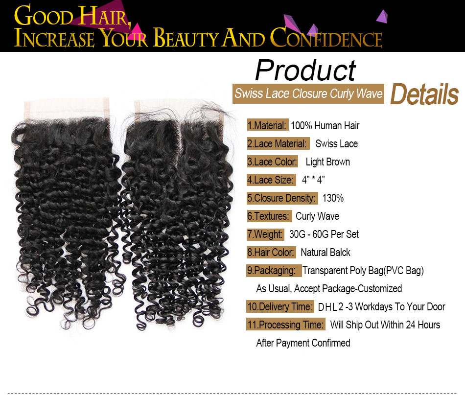 Mongolian Curly Lace Closure Free Middle Part Mongolian Virgin Human Hair Closure 4x4 Natural Black 130% Density Deep Kinky Curly Closures