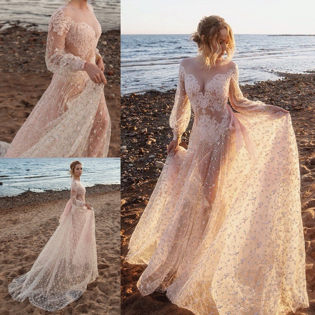 Beaded See Through Prom Dress Sheer Jewel Long Sleeve Lace Applique Evening Dress Amazing Sexy Lace Sweep Train Formal Dresses Evening Gown