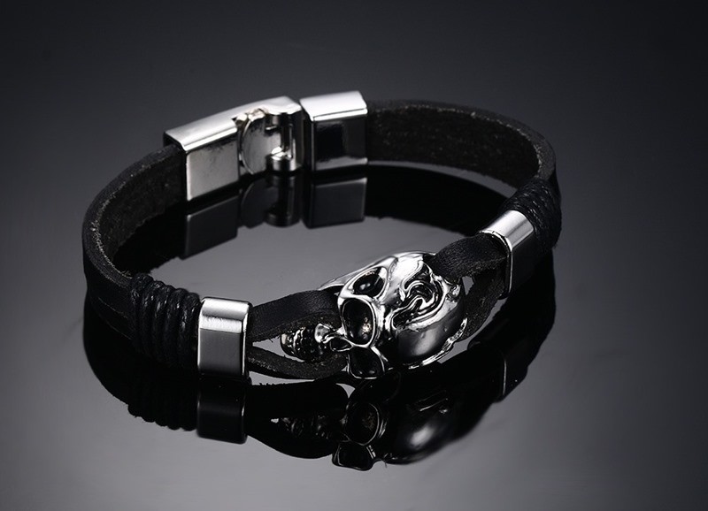Punk Rock Mens Black Durable Leather Bracelets Gothic Skull Cuff Bangle Stainless Steel Skeleton Pulseiras Masculinas BL-224