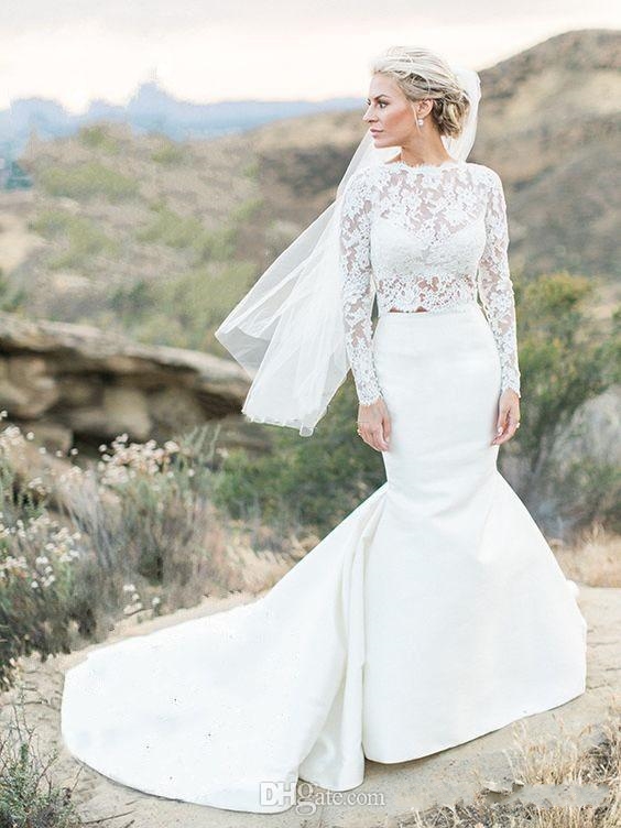 Two Pieces Mermaid Wedding Dress Long Sleeves Lace Bridal Dresses Satin Court Train Illusion Bridal Gowns High Quality