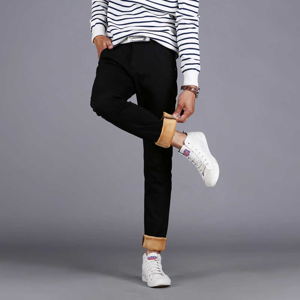 Wholesale-Mens Winter Pants Warm Fleeces Inside Slim Fit Casual Pants Khaki Blue Black Straight-Fit Long Trousers for Men