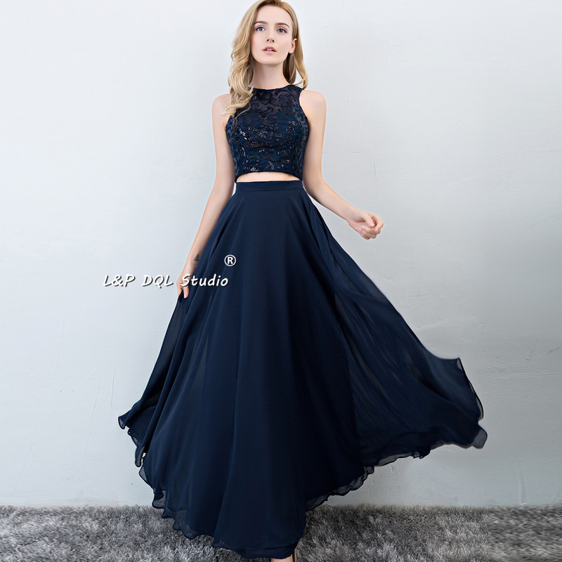 Chiffon Country Bridesmaid Dresses Two Pieces Long Floral Lace Top Wedding Party Dresses with Pockets Prom Gowns Dark Navy,Pink,Blush