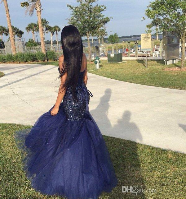 Sexy Mermaid Rhinestone Prom Dresses African Graduation Dress Organza Trumpet Dark Navy Evening Gowns Robe De Soiree Evening Dresses 0510