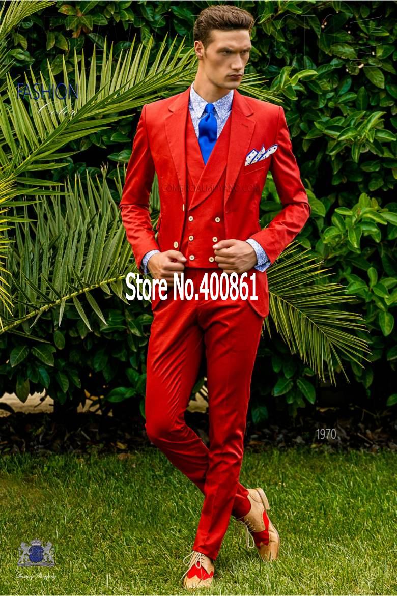Latest Design Two Buttons Red Groom Tuxedos Notch Lapel Groomsmen Best Man Suits Mens Wedding Blazer Suits (Jacket+Pants+Vest+Tie) NO:465