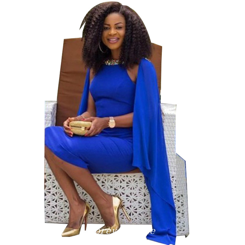 African Royal Blue Chiffon Evening Dress Sexy Tea Length Beaded Girls Wear Special Occasion Party Gown Cheap Custom Made Plus Size