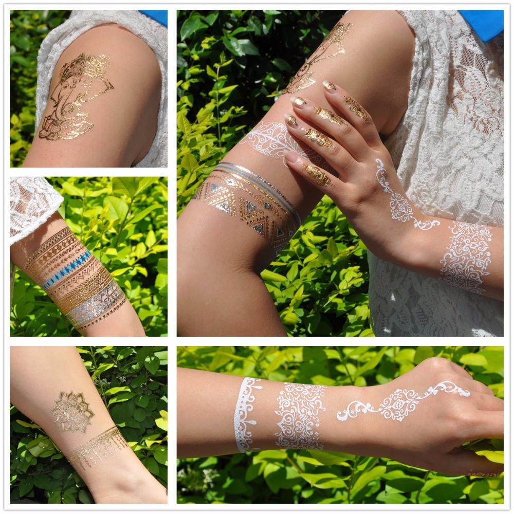 Wholesale- 1PC Hot Flash Metallic Waterproof Tattoo Women White Ink Henna Lace WJ018 Elephant Wedding Bridal Henna Temporary Tattoo Sticker