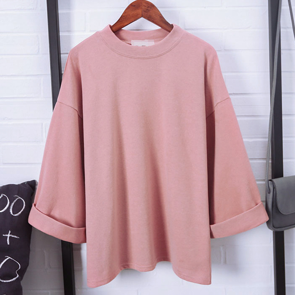 Wholesale-Fashion Cotton tshirt Women 2016 New Summer T-shirt Seven Sleeved Solid Turtleneck High Collar Casual T-shirt Tops Women's Tee