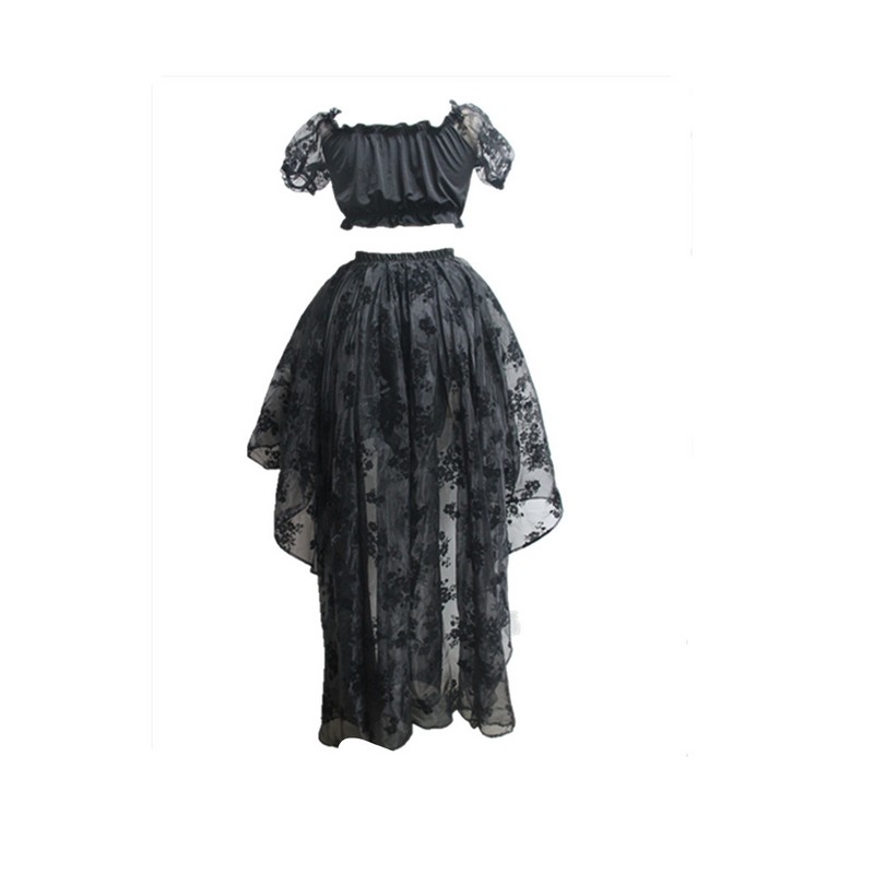 Lolita Lace Mesh Rose Floral Sleeves Crop Top with Floor Length High Low Asymmetrical Ruffler Multi Layer Mesh Floral Lace Hi-low Skirt