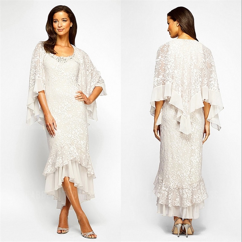 Trumpet/Mermaid High Low Lace Chiffon Evening Dress 2022 Beaded Scoop Neck Tea Length Mother of the Bride Dresses With Long Sleeve Jacket