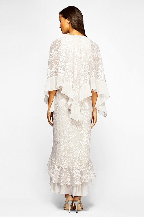 Trumpet/Mermaid High Low Lace Chiffon Evening Dress 2022 Beaded Scoop Neck Tea Length Mother of the Bride Dresses With Long Sleeve Jacket