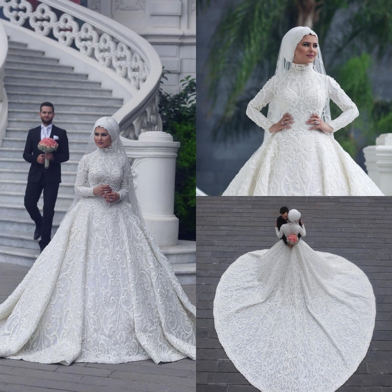 Dubai Muslim Luxury Lace Ball Gown Wedding Dresses Chapel Train Full Beads Applique Long Sleeve Wedding Dress African High Neck Bridal Gowns