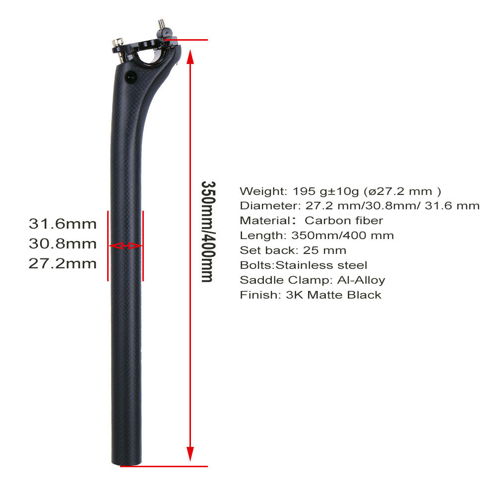 bike carbon fiber bicycle seatpost MTB road bike parts superlight 190g seat post 3k matte 27.2/30.8 /31.6 *350/400mm offset 25mm
bike carbon fiber bicycle seatpost MTB road bike parts superlight 190g seat post 3k matte 27.2/30.8 /31.6 *350/400mm offset 25mm
