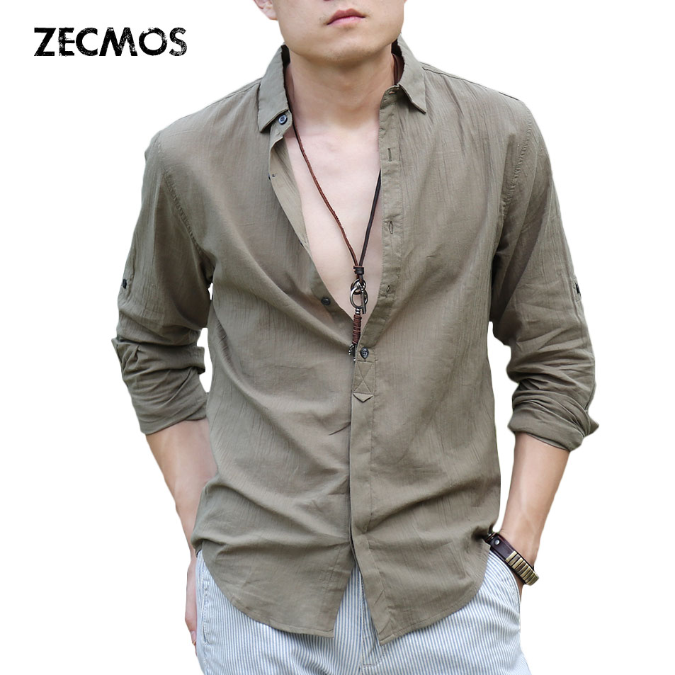 Wholesale- Zecmos Cotton Linen Shirts Man Summer White Shirt Social Gentleman Shirts Men Ultra Thin Casual Shirt British Fashion Clothes