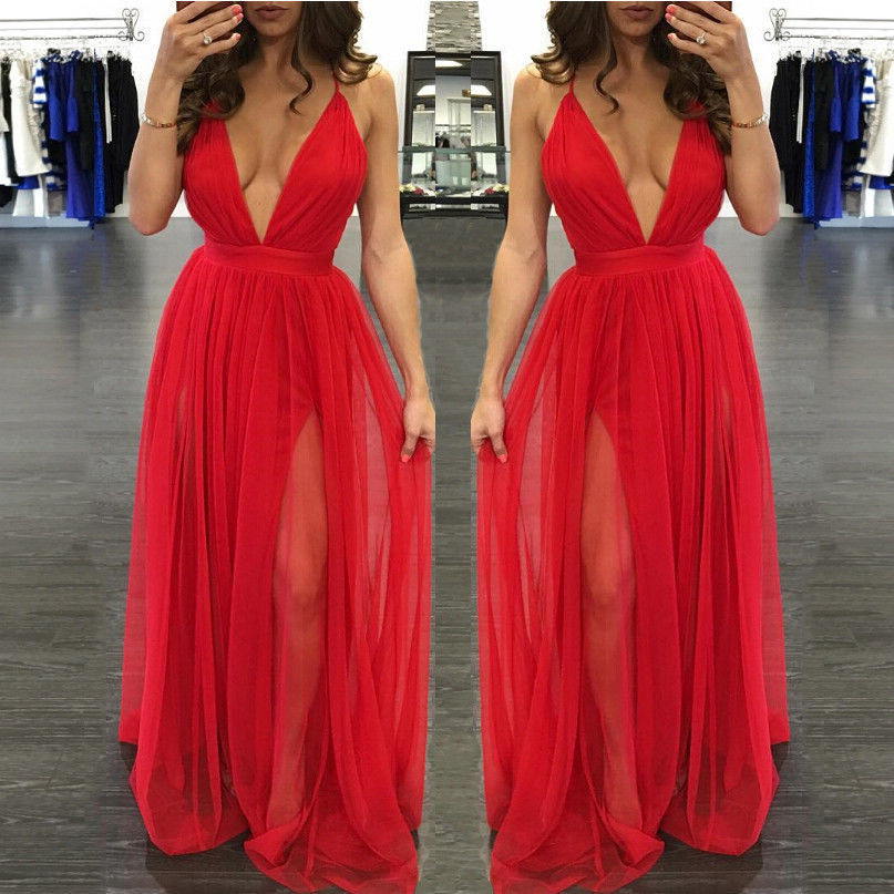 Plunging V Neck Backless Prom Dress All Red Tulle Floor Length Spaghetti Straps Beach Fashion Cross Bohemian Long Evening Dress For Women