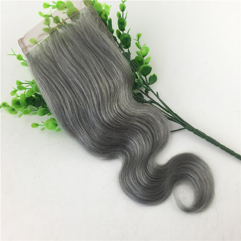 4x4 Lace Closure Grey Human Hair Brazilian Virgin Hair Straight Body Wave Bleached Knots Free Part Swiss Lace