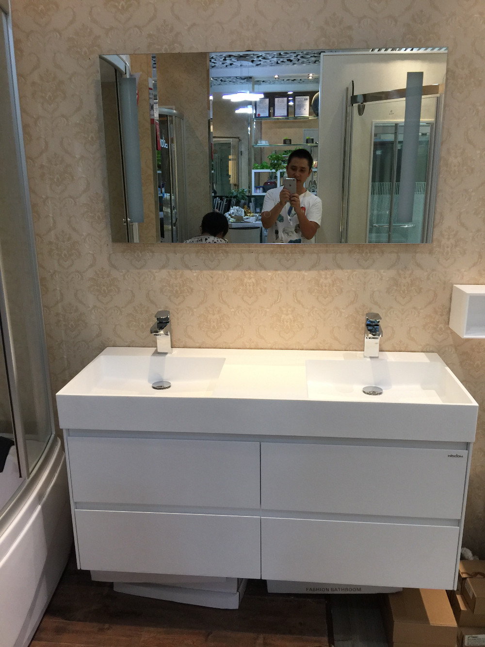 1200mm Bathroom furniture Solid Surface Stone Double Basin With Soild Wooden Bathroom Vanity Cloakroom Cabinet Oka 2090