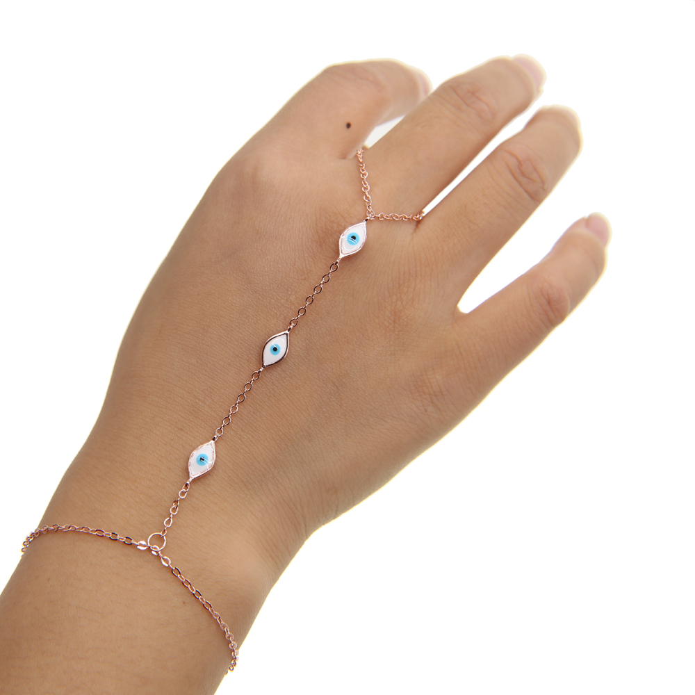 Rose Plated Evil Eye Hand Chain Bracelet with Ring, White Enamel, Cute Fashion Jewelry for Women, Gold Sier, k Chain, Adjustable Length