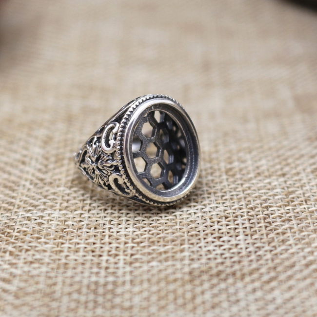 Art Nouveau 13x16mm Oval Cabochon Semi Mount Sterling Silver 925 Engagement Men Ring Retro Fine Silver Ring Setting Vintage