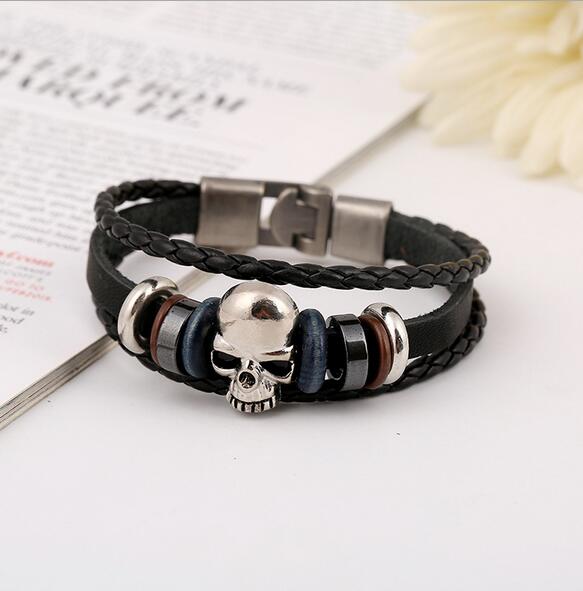 Meaeguet Men's Leather Skull Bracelets Rock Punk Stainless steel Skeleton Charms Cuff Bracelet Bangles Casual Jewelry G44