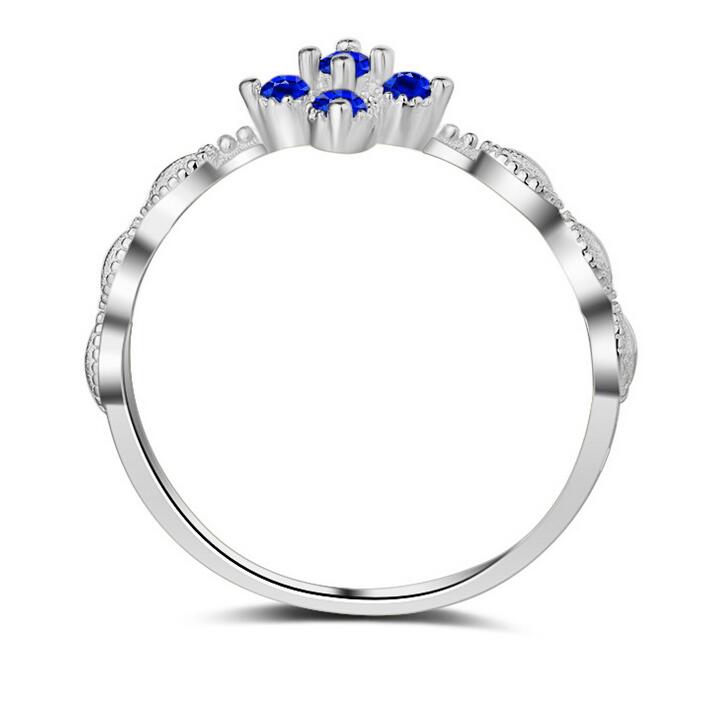 Wholesale Cute Handmade Luxury Jewelry 925 Sterling Silver Blue Sapphire CZ Diamond Four Leaf Gemstones Women Wedding Band Ring Gift Size5-9