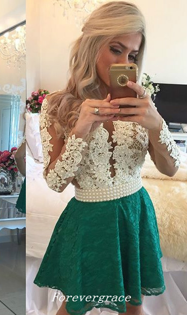 Short Mini Pearls Cocktail Dress With Long Sleeves New Arrival Lace Applique Event Gown Homecoming Party Dress Custom Made Plus Size