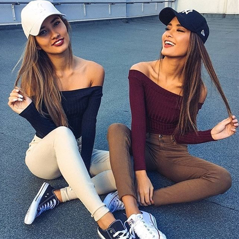 Wholesale- 2016 New Autumn Women Cotton Off the Shoulder Bra Strapless Long Sleeve Bodycon Short FemaleT-shirts Tops harajuku