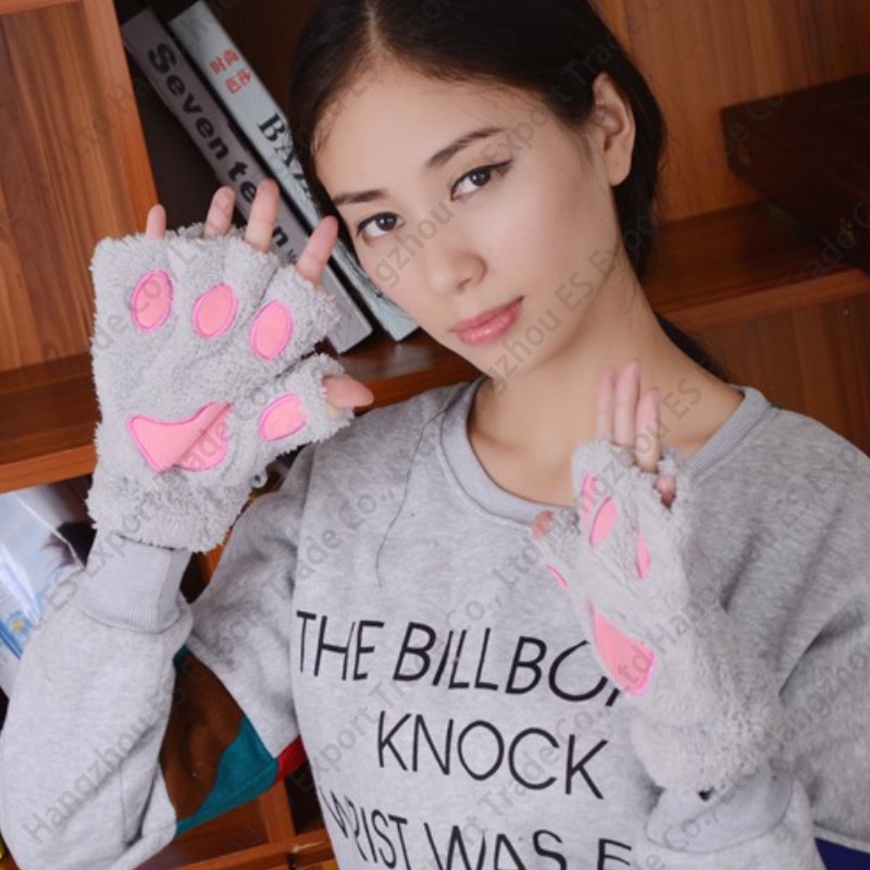 Cat Claw Gloves Winter Cute Cartoon Girl Fingerless Mittens Thicken Fluffy Bear Palm Half Finger Glove