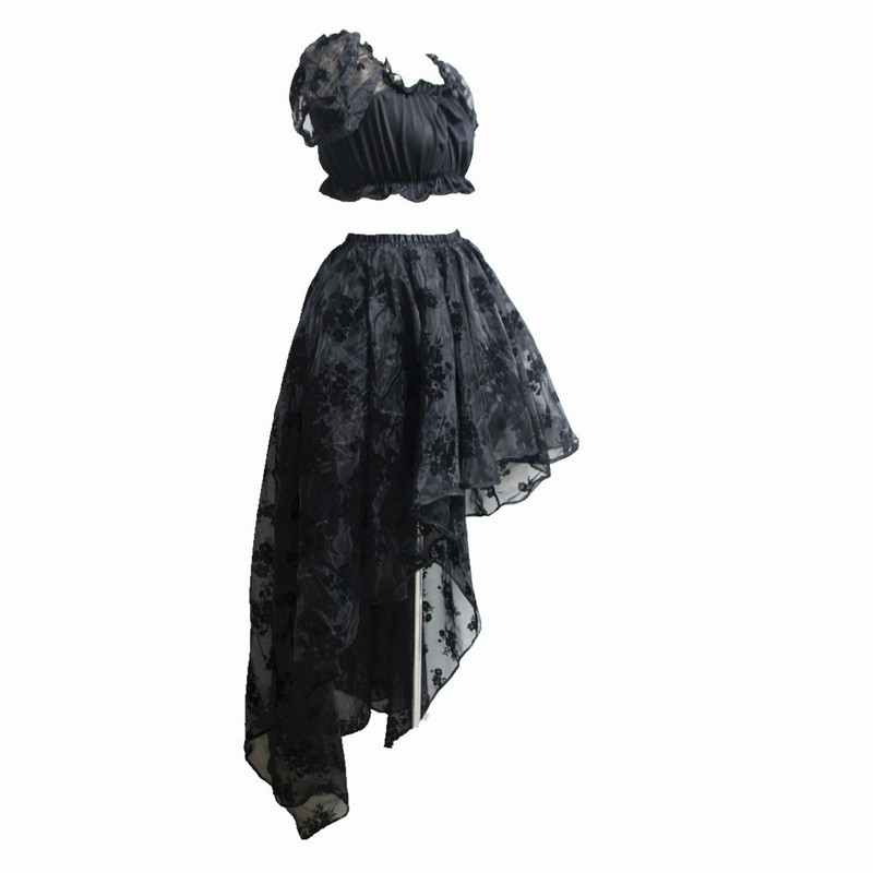 Lolita Lace Mesh Rose Floral Sleeves Crop Top with Floor Length High Low Asymmetrical Ruffler Multi Layer Mesh Floral Lace Hi-low Skirt