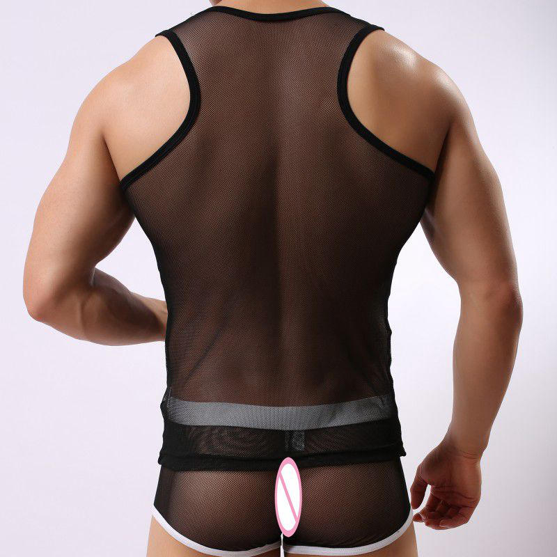 Men's Tank Tops Wholesale- STB501 Mesh Sheer Mens Brand Fashion Casual Vest Sexy Transparent Funny Tanks Undershirt For Man Soutong1