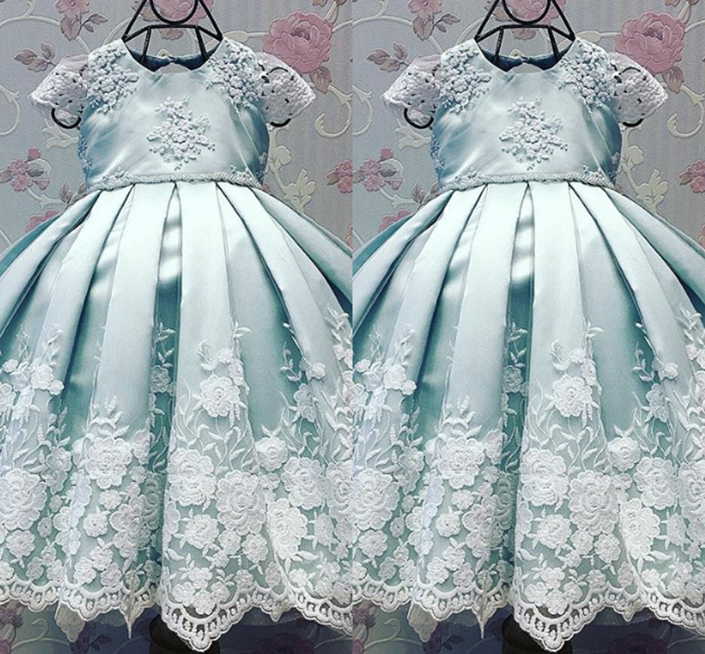 Baby Blue Christening Dresses Cap Sleeves Lovely Ball Gown Birthdays Party Dress with Appliques Baby Infant Toddler Baptism