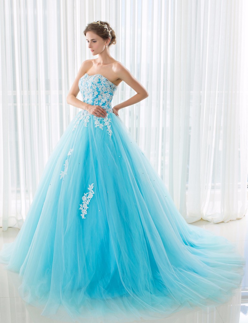 Blue and White Wedding Dresses Ball Gown Court Train Tulle with Applique Beaded Sweetheart Women Bandage Wedding Guest Dress