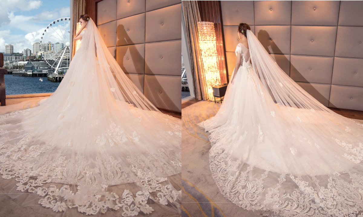 Full Applique Cathedral Veils Long Wedding Veils Beads 3 Meters Two Layers Luxury Dubai Arabic Bridal Veil Bridal Accessories