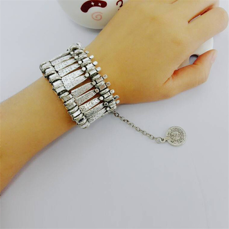Wholesale-Bohemia Carved Plated Silver Coin Bracelet For Women Vintage Tassel Chunky Bracelet Bangle Acciaio Femme
